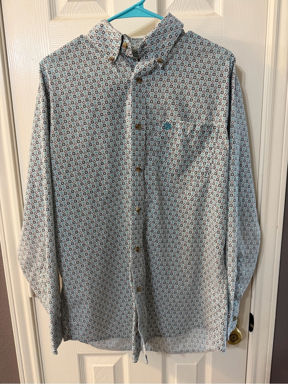 Wrangler Men's Light Blue Unique Geometric Button Up Long Sleeve Western Shirt